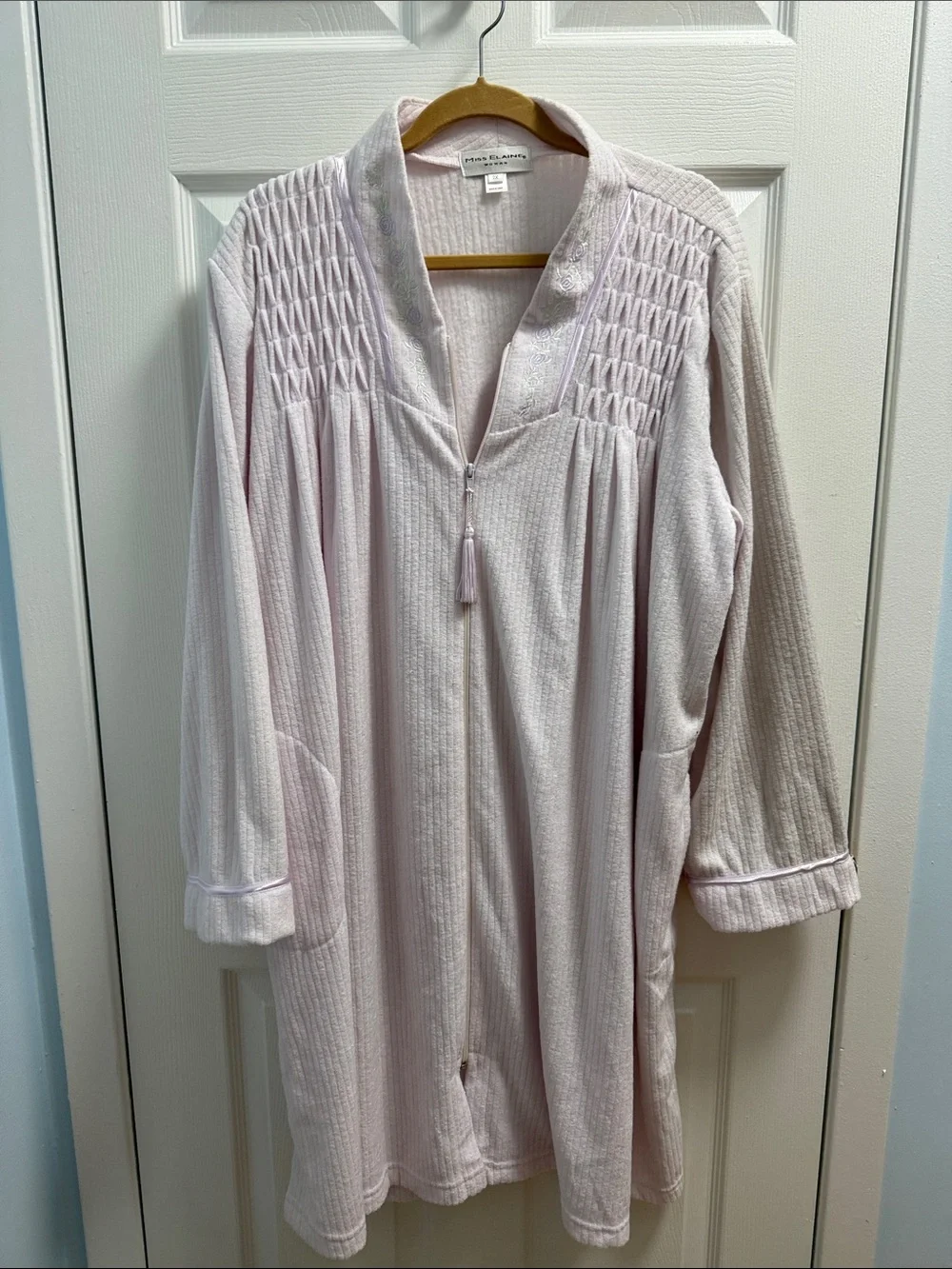 Miss Elaine Light Pink Smocked Zip Robe with Tassel Pull